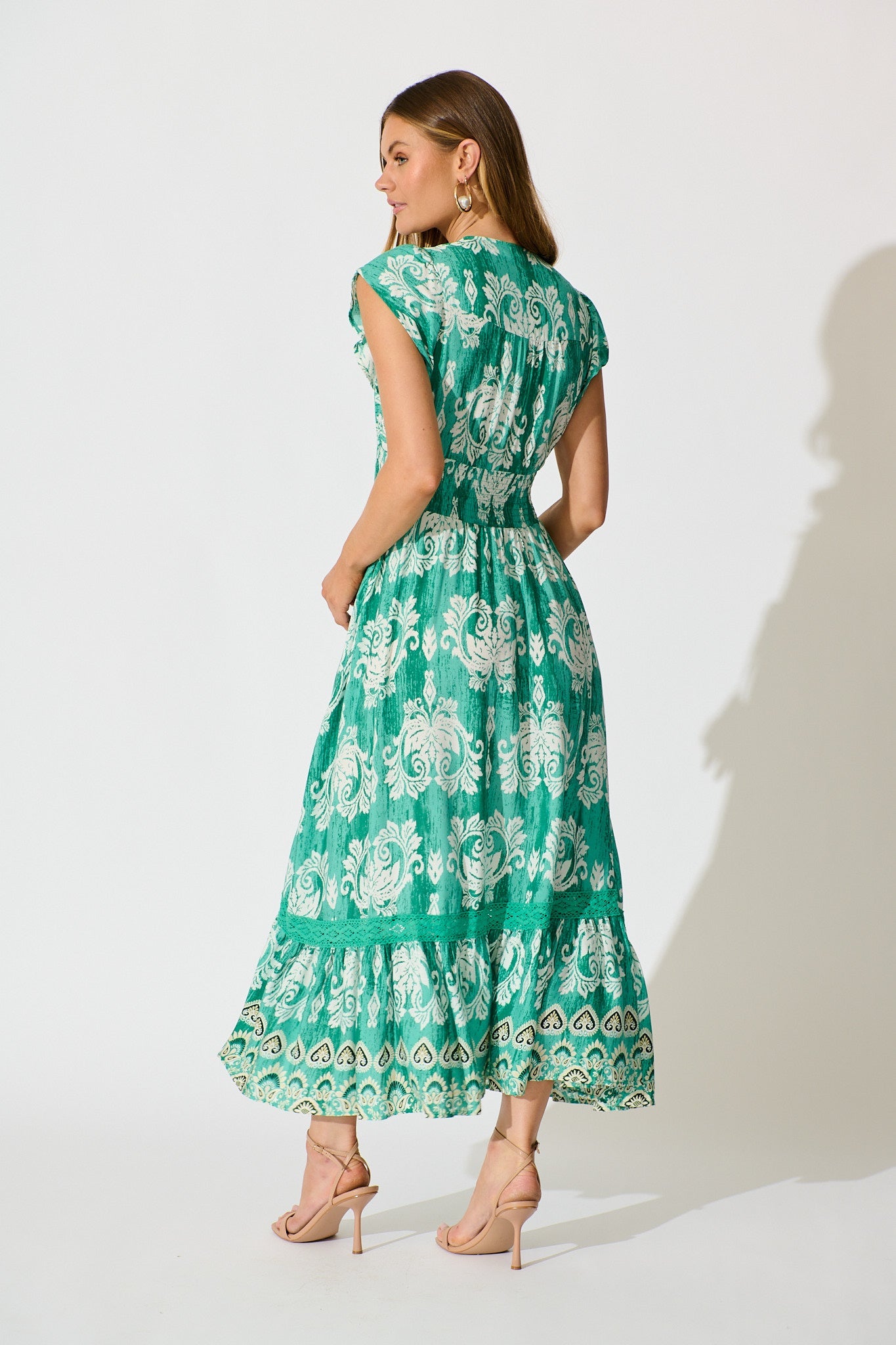 Ilysssa Maxi Dress in Green with White Boho Print