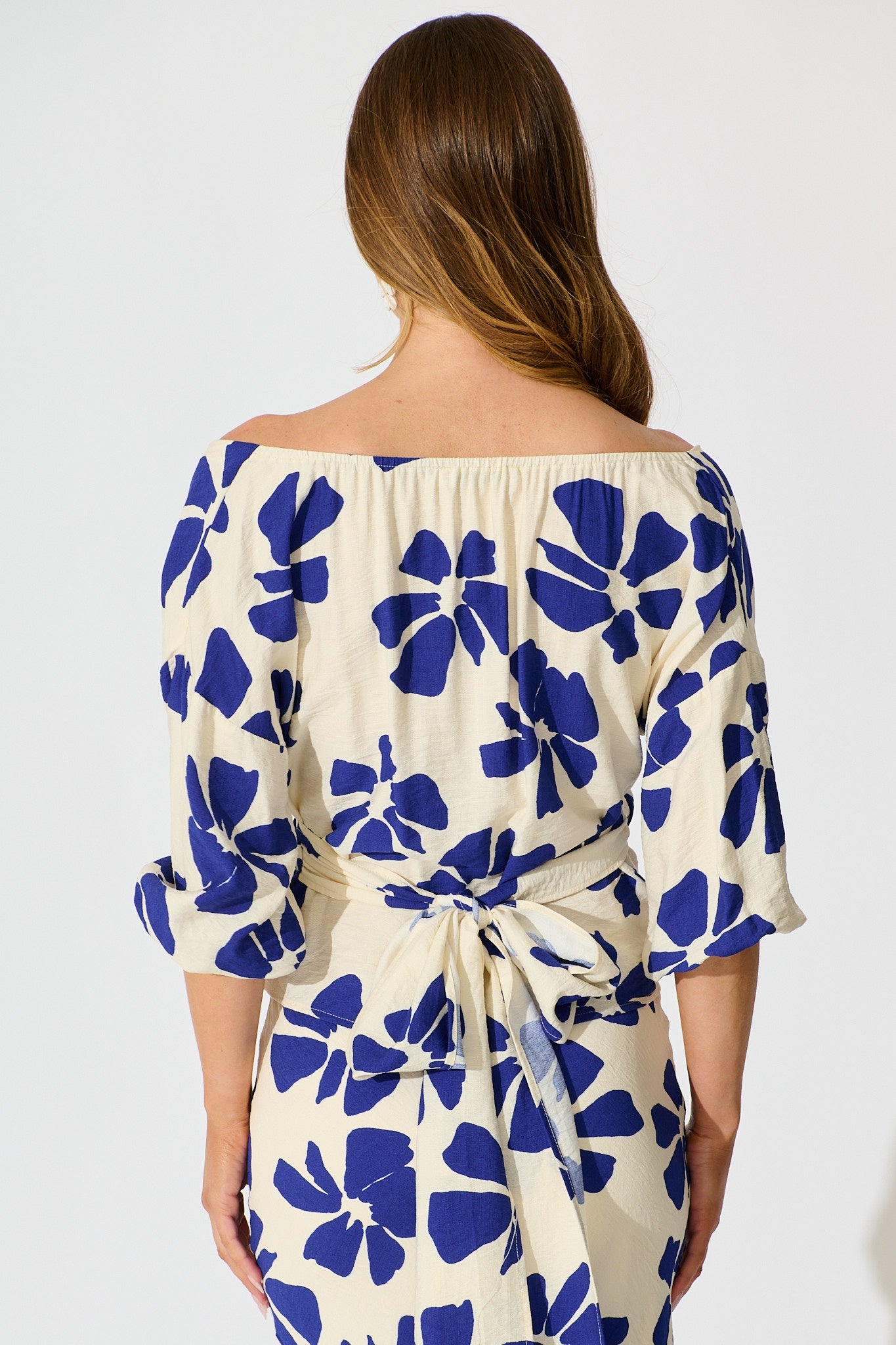 Rhylee Wrap Top in White with Blue Flower Print