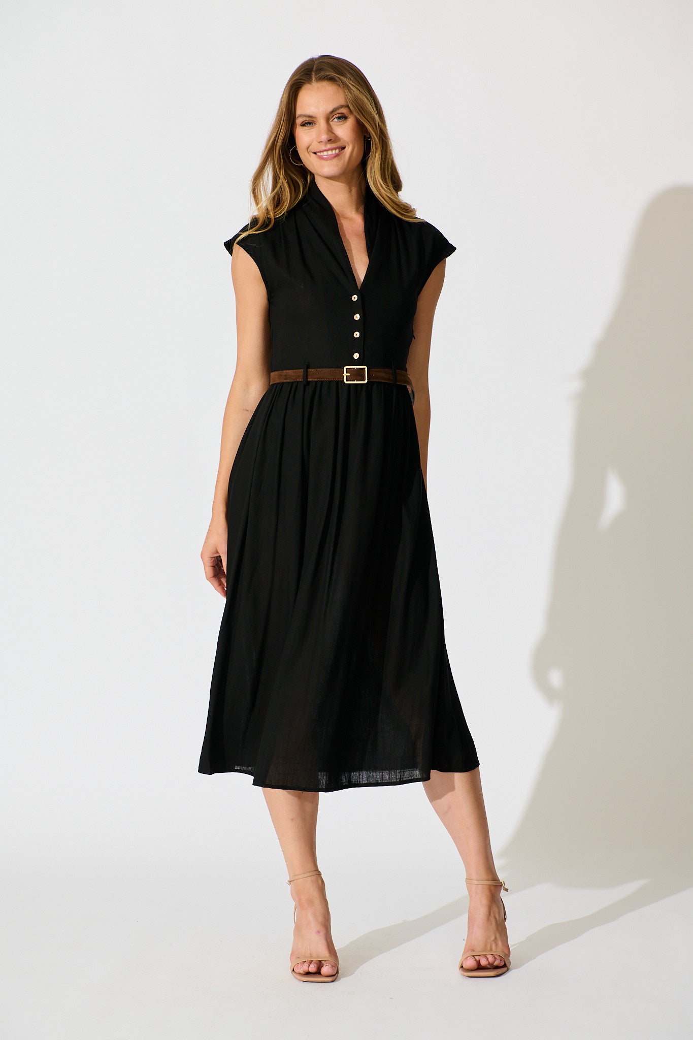 Ordella Midi Dress in Black Linen Blend with Belt