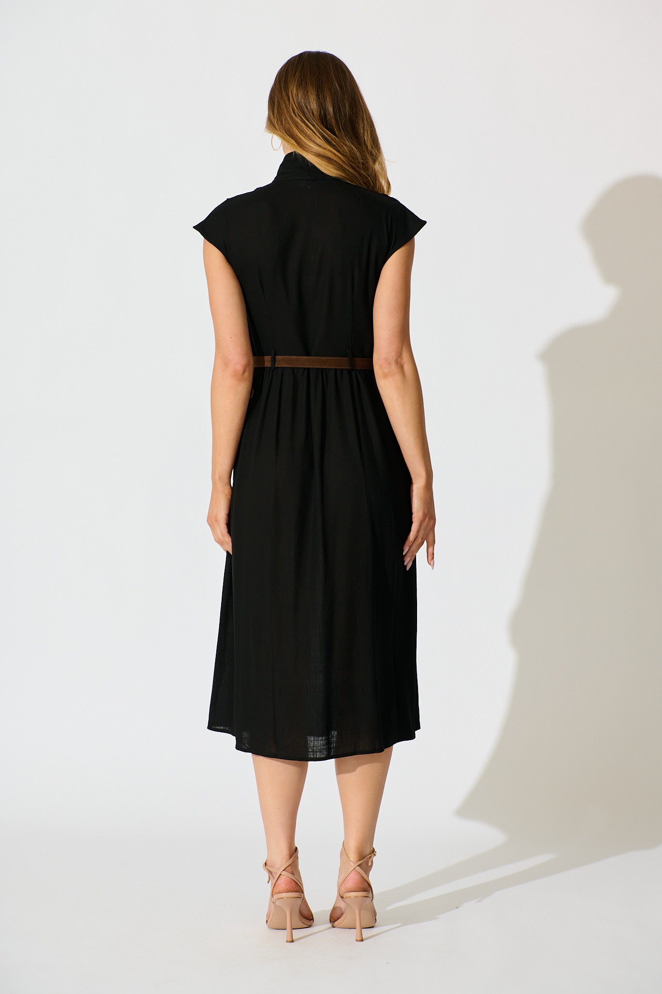 Ordella Midi Dress in Black Linen Blend with Belt