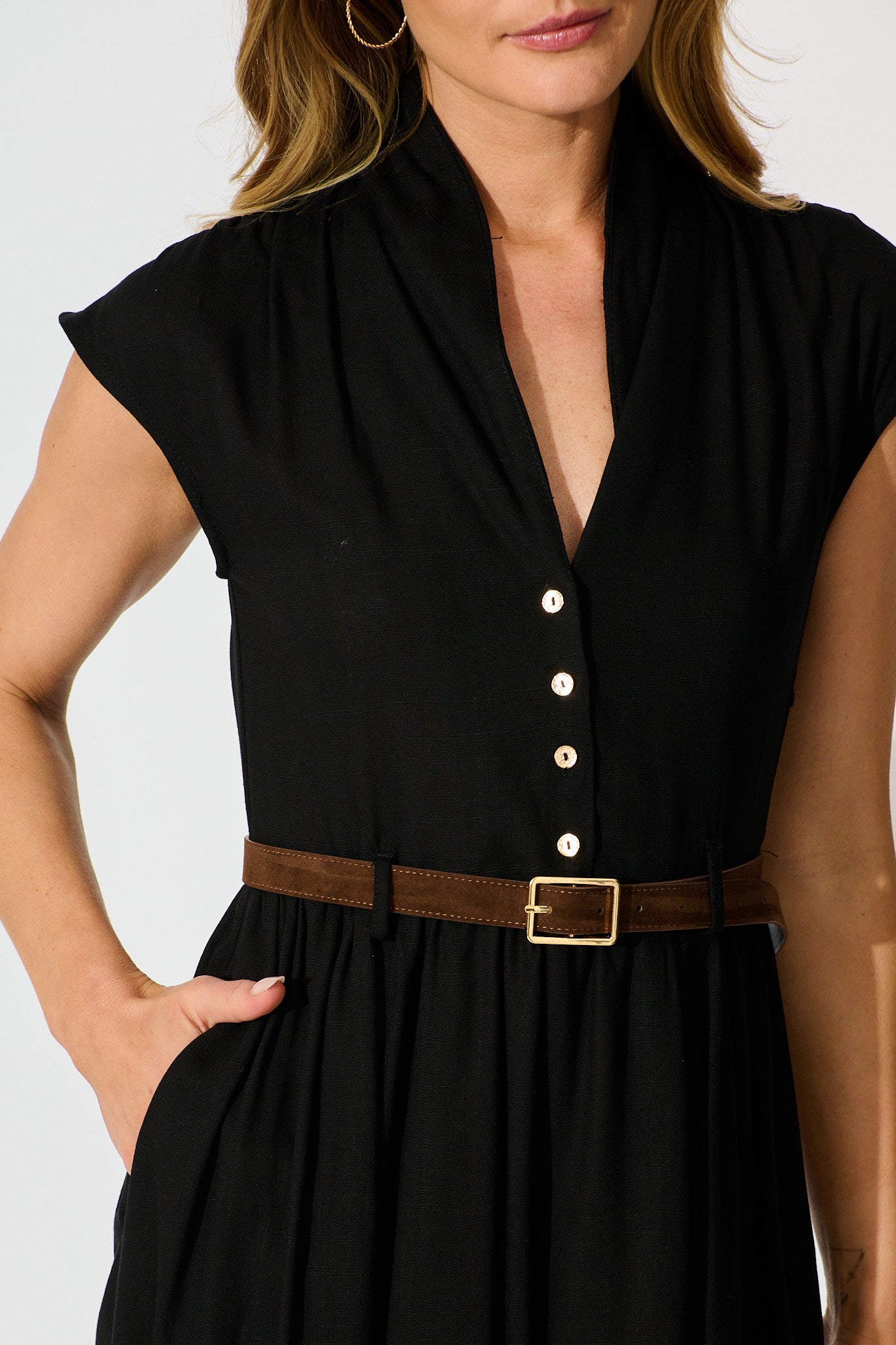 Ordella Midi Dress in Black Linen Blend with Belt