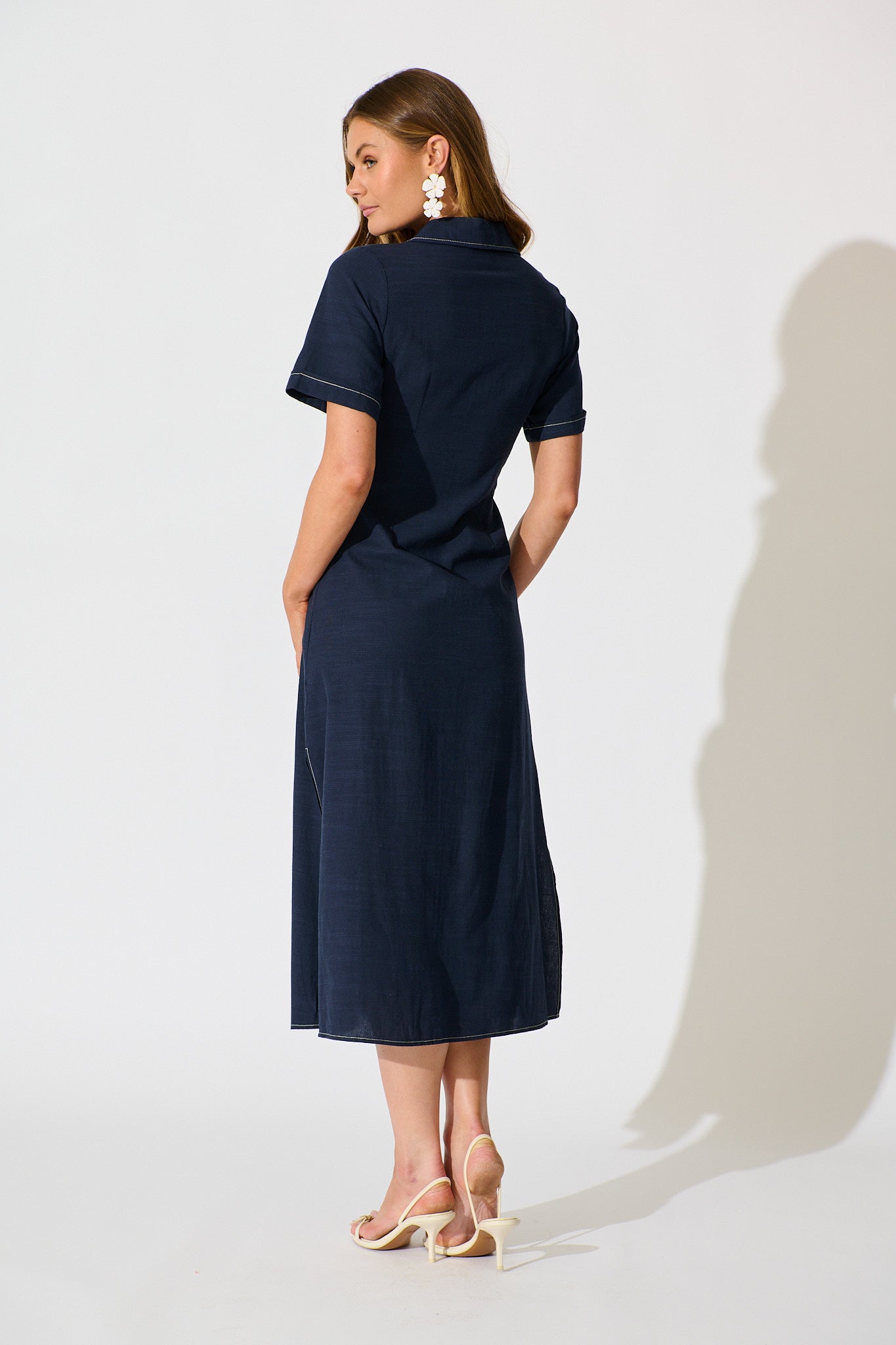 Christiana Maxi Shirt Dress In Navy Linen Blend