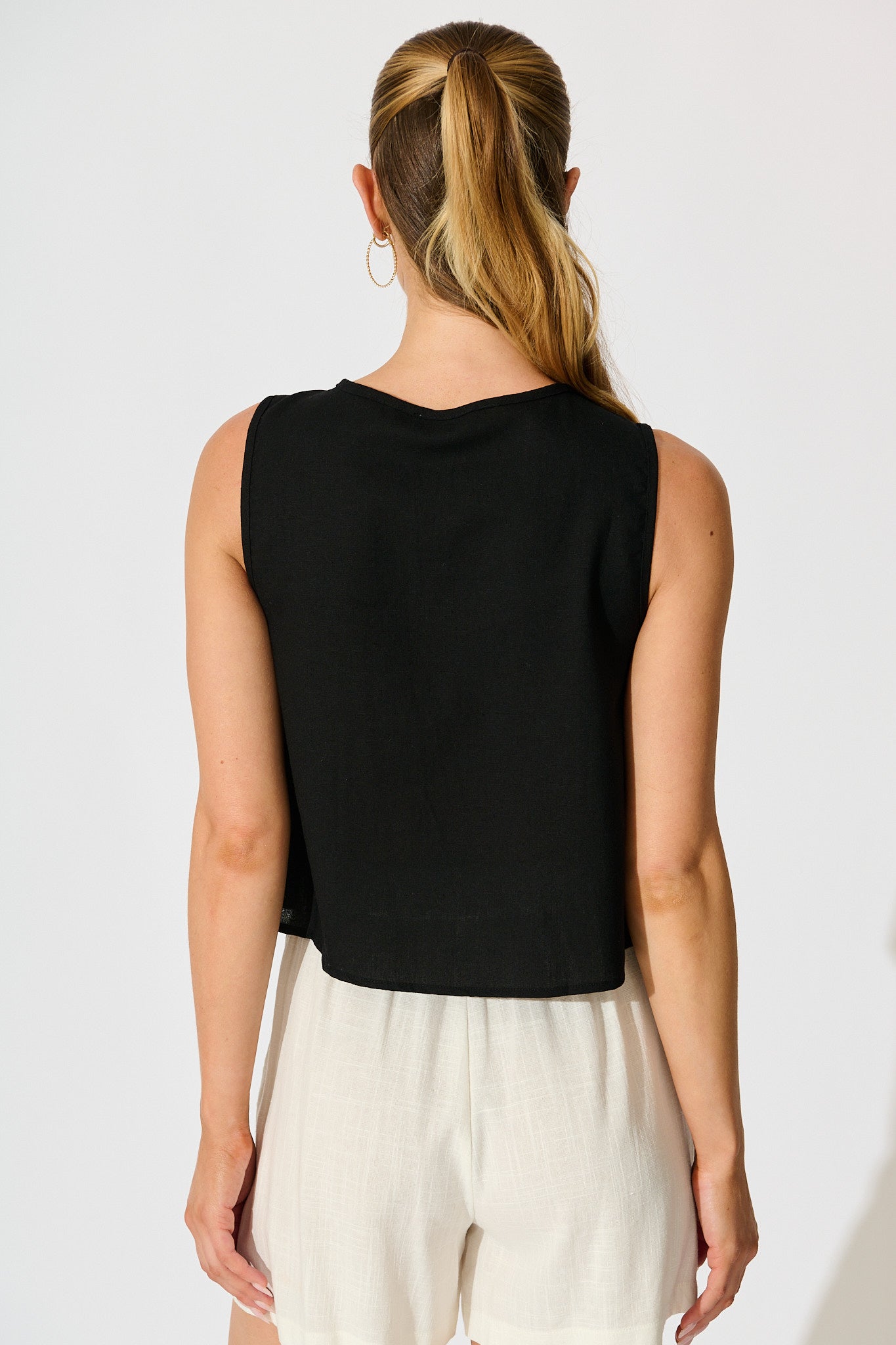 Destina Tie Front Top in Black Linen Blend