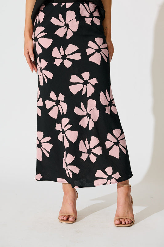 Lanah Maxi Skirt in Black with Pink Flower Print