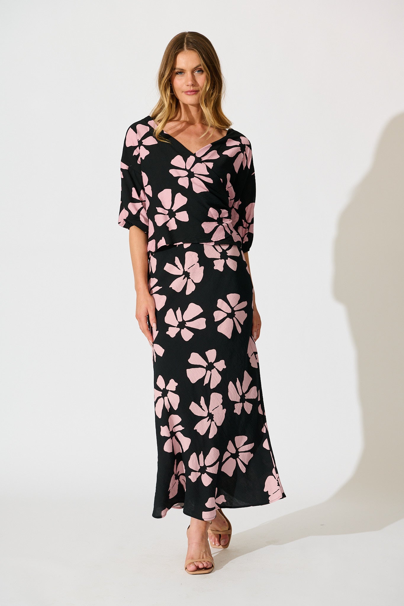 Lanah Maxi Skirt in Black with Pink Flower Print
