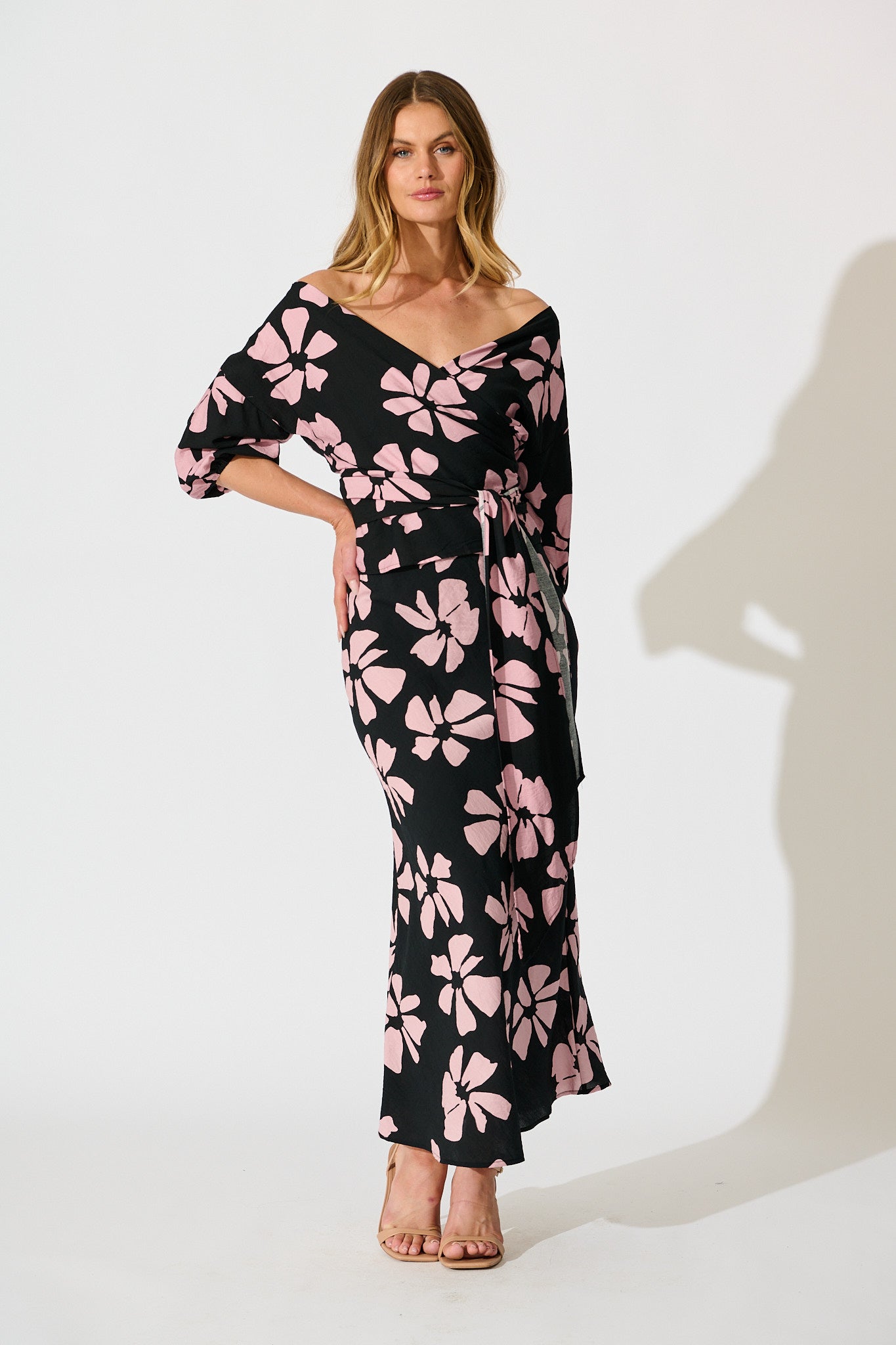Rhylee Wrap Top in Black with Pink Flower Print