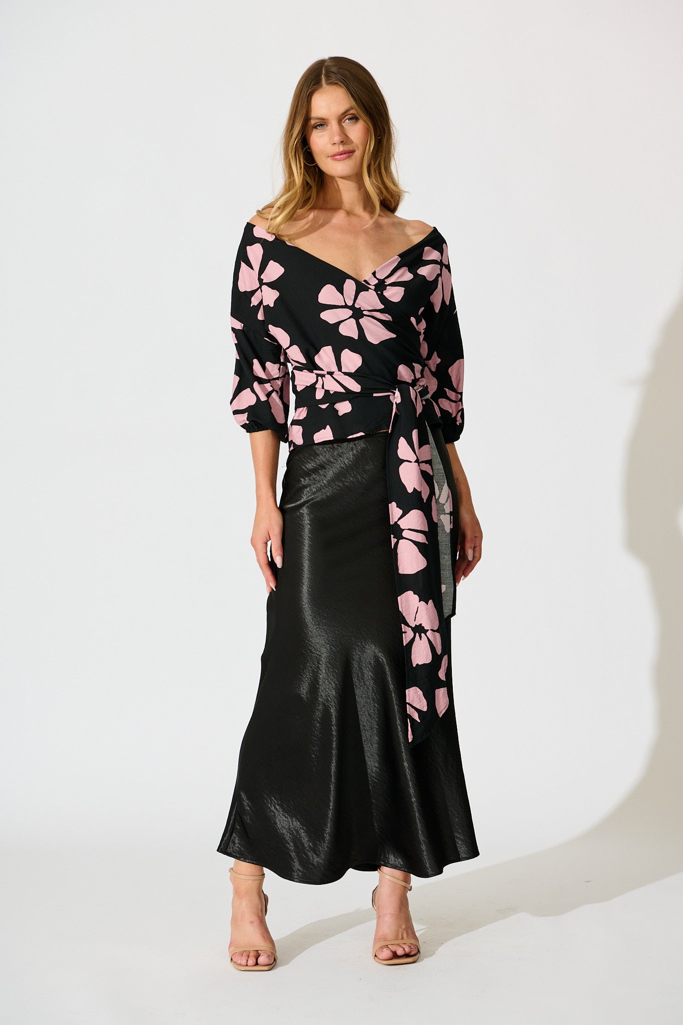 Rhylee Wrap Top in Black with Pink Flower Print