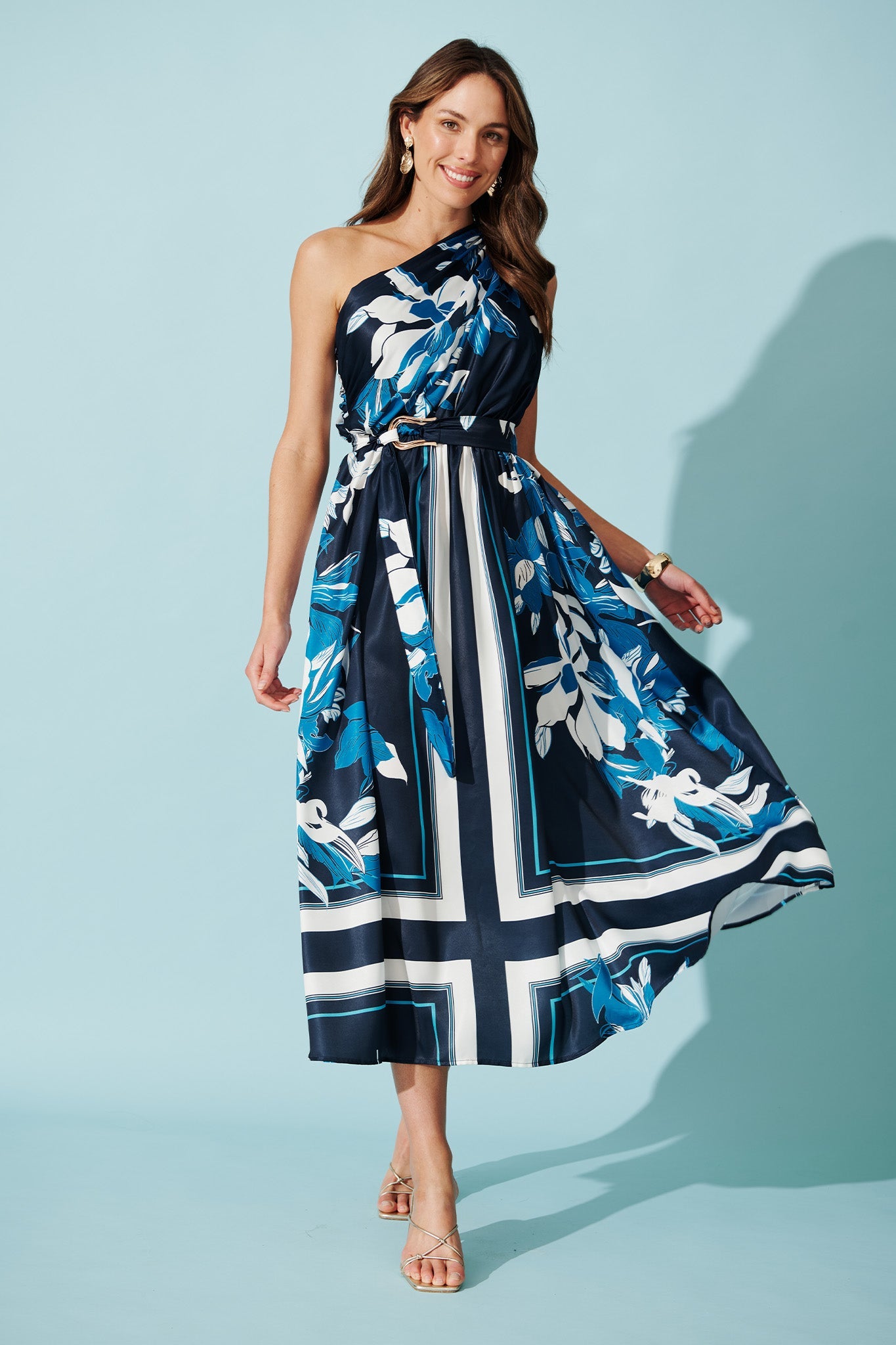 Bernadette One Shoulder Midi Dress in Navy with Floral Satin