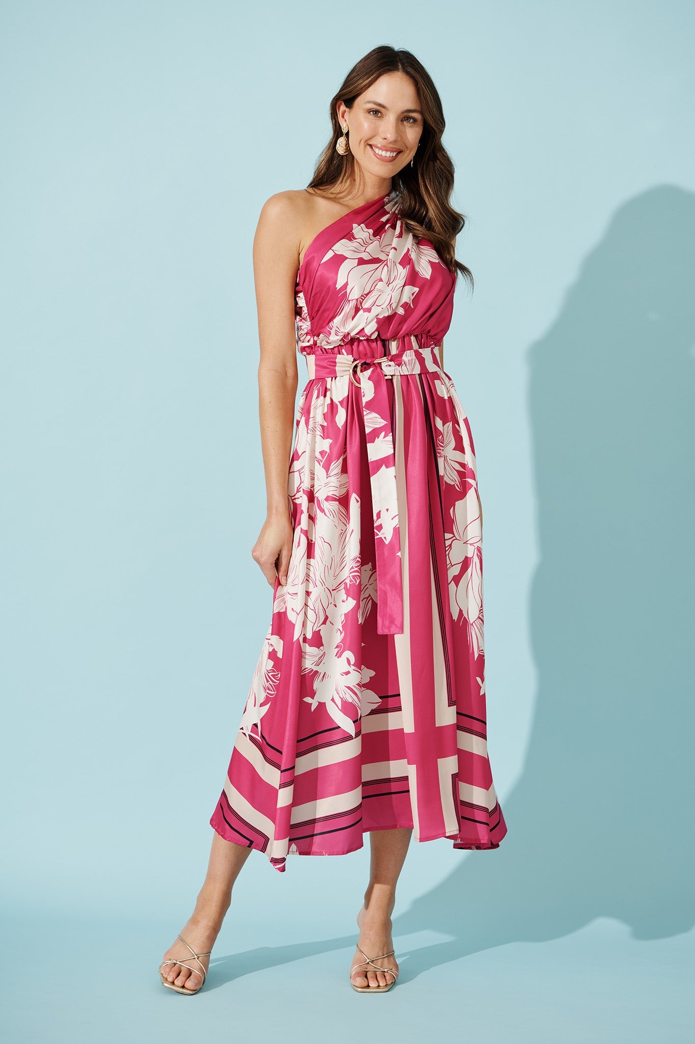 Bernadette One Shoulder Midi Dress in Magenta Floral Satin