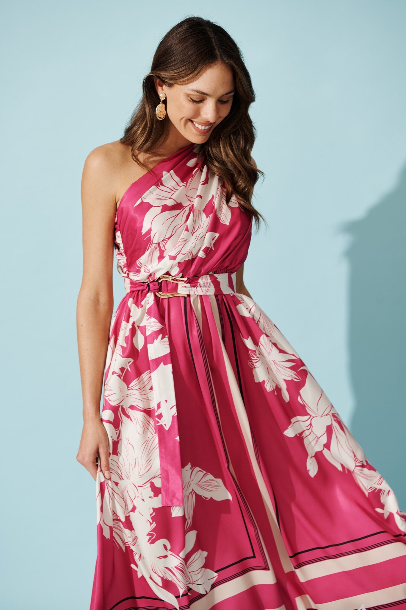 Bernadette One Shoulder Midi Dress in Magenta Floral Satin