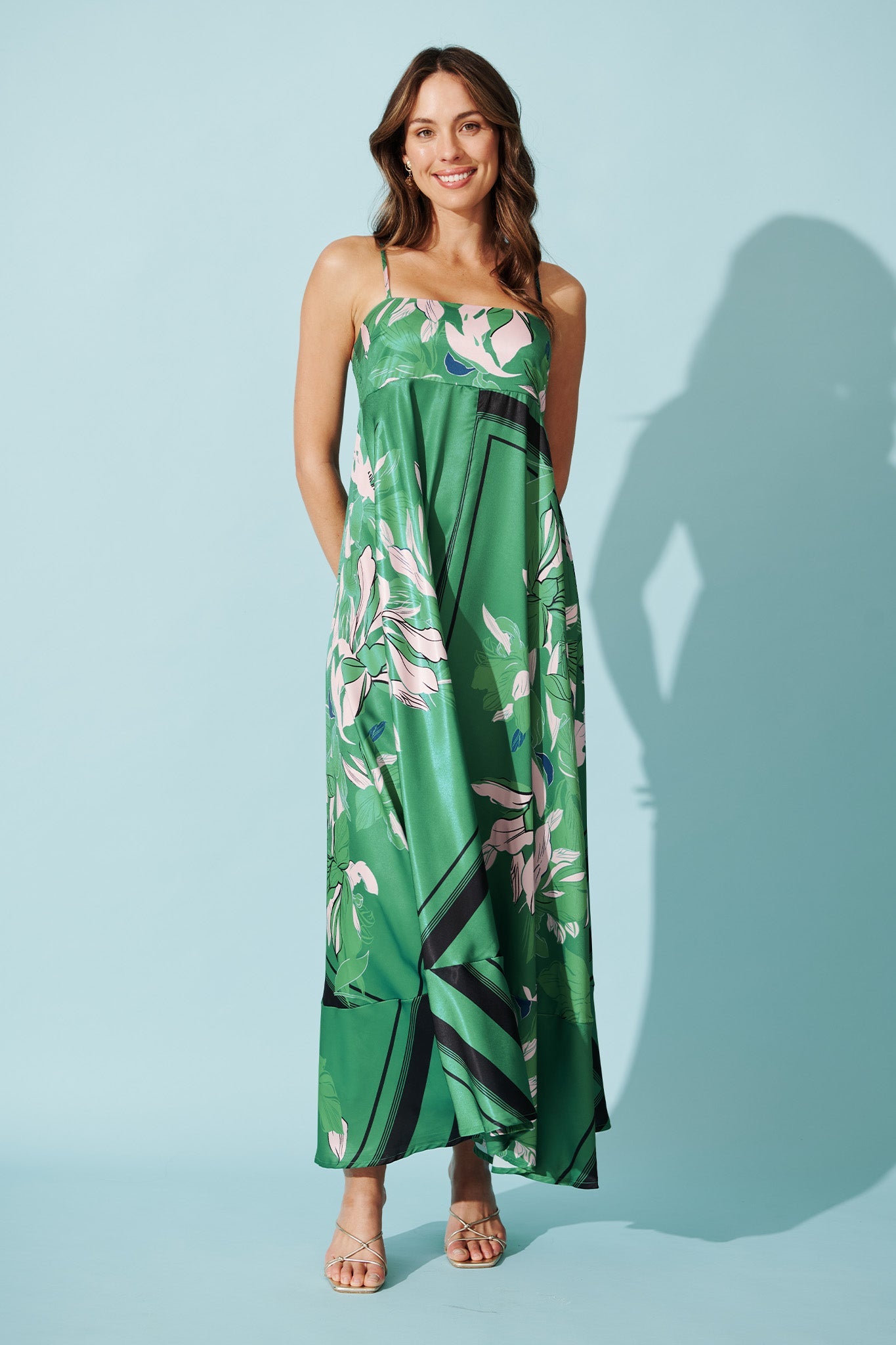Ruthie Maxi Sundress in Emerald Print Satin
