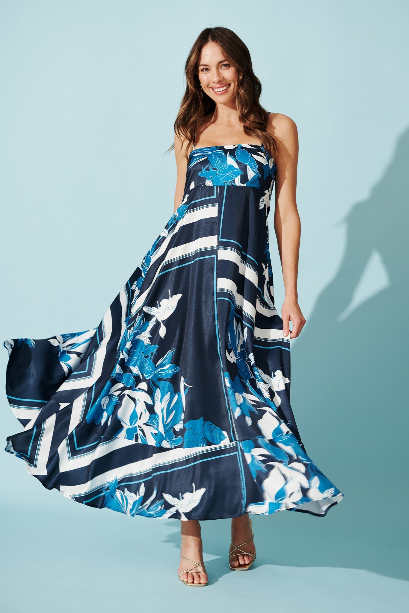 Ruthie Maxi Sundress in Navy Floral Satin