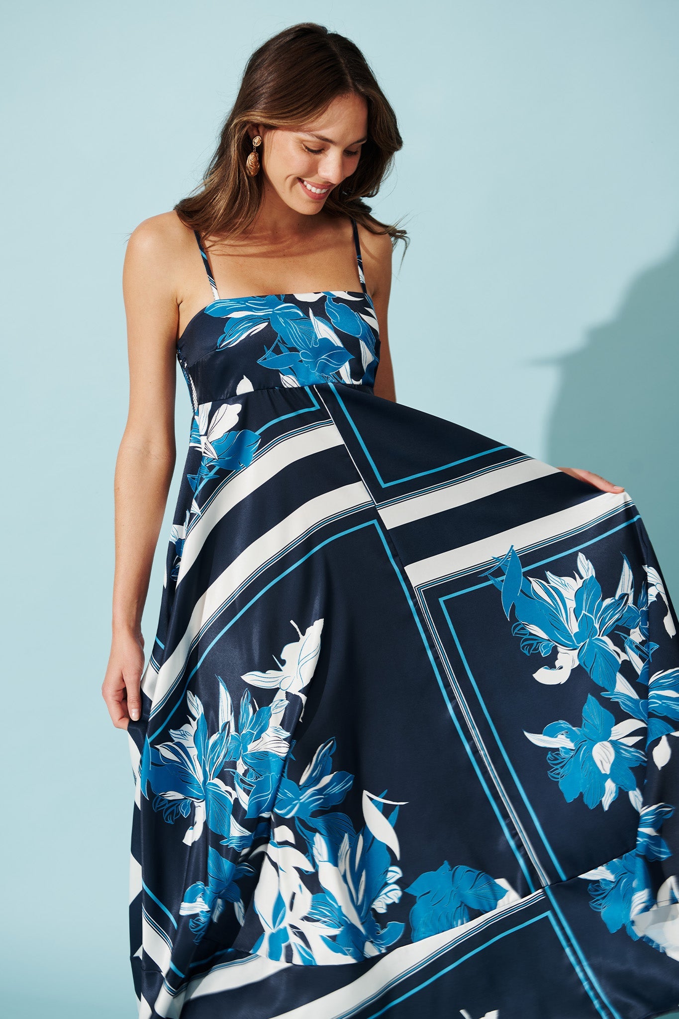 Ruthie Maxi Sundress in Navy Floral Satin
