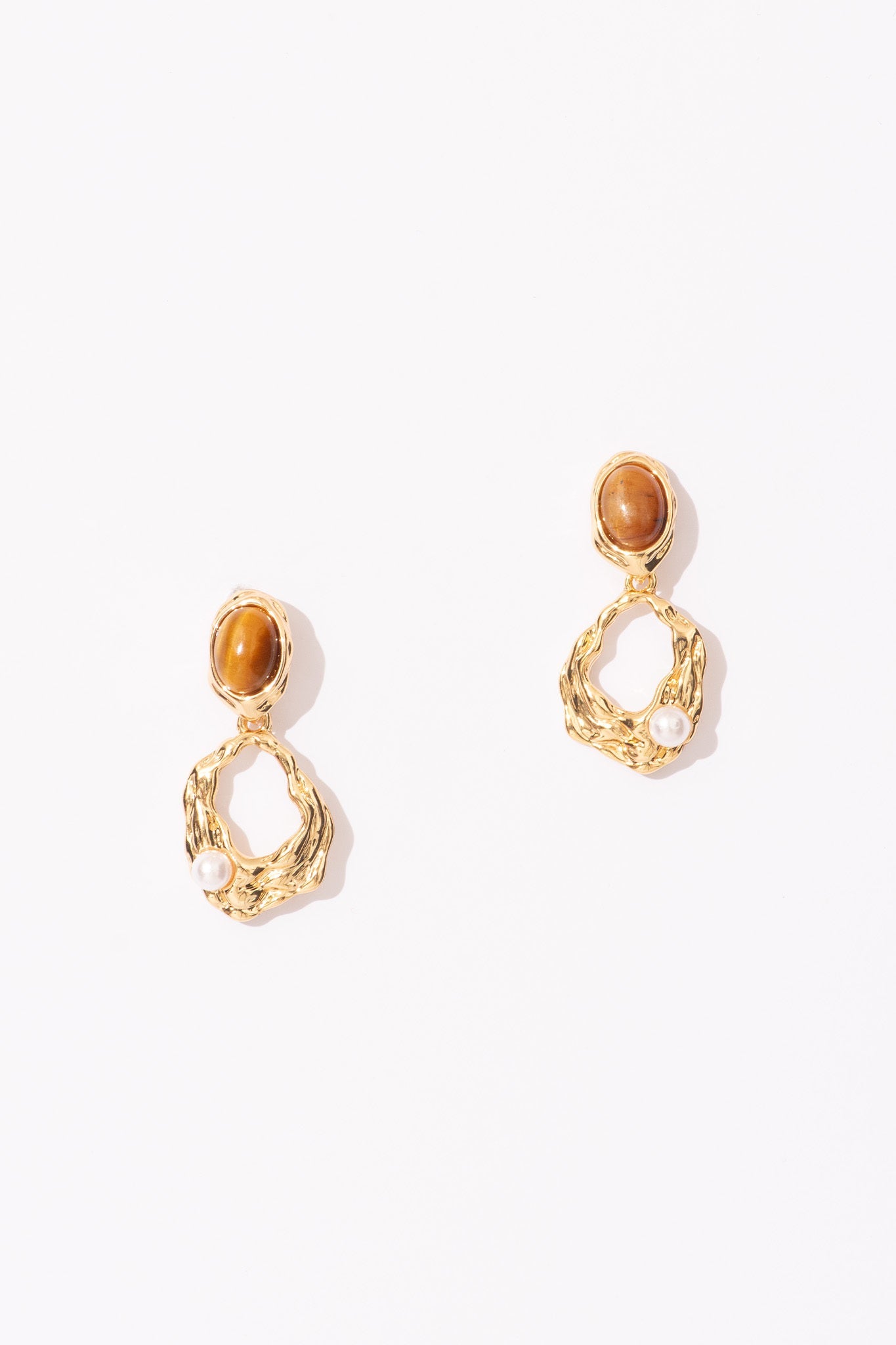 Freya Drop Earrings in Brown Stone with Gold Textured