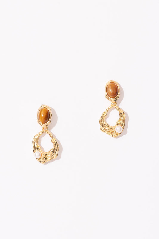 Freya Drop Earrings in Brown Stone with Gold Textured