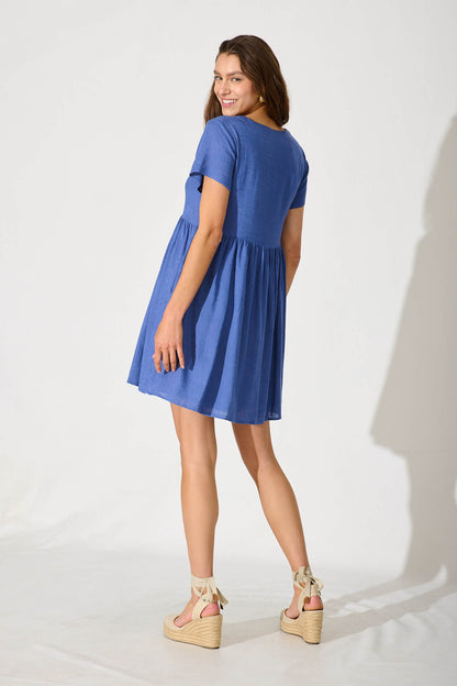 Horizon Smock Dress In Blue Linen Blend
