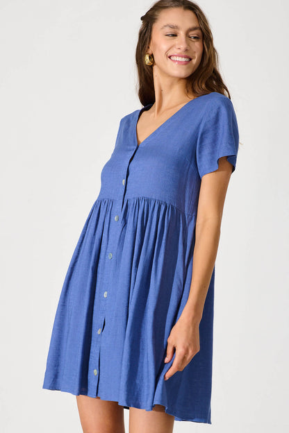 Horizon Smock Dress In Blue Linen Blend