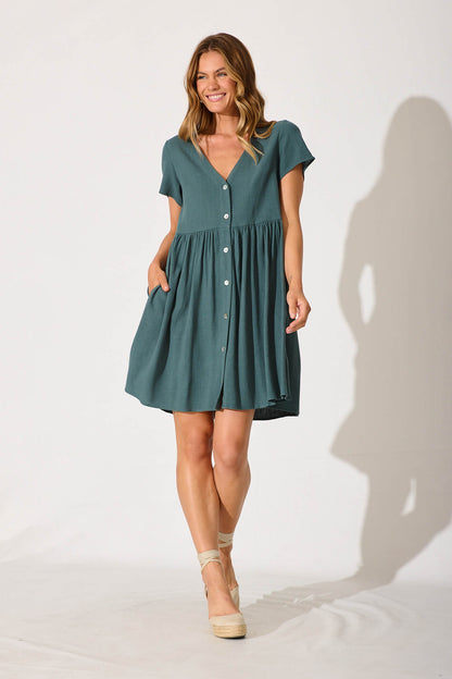Horizon Smock Dress In Green Linen Blend