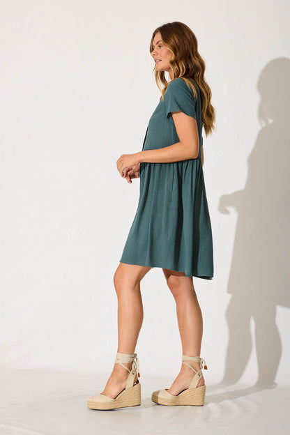 Horizon Smock Dress In Green Linen Blend