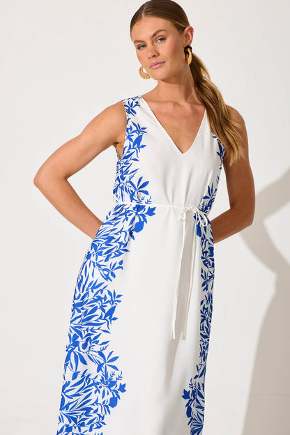Ferry Midi Dress In White With Blue Leaf Linen Blend