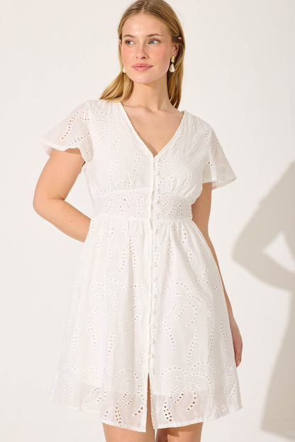 Aurelia Dress In White Cotton Broderie
