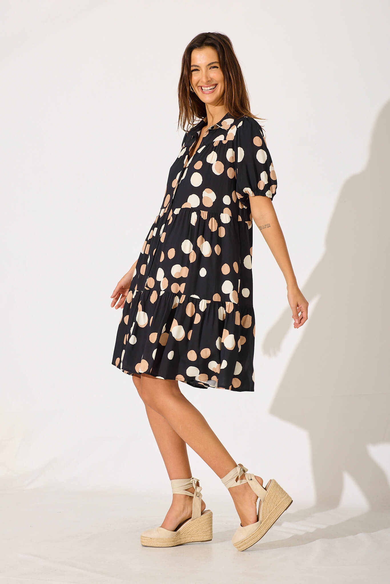 Felicia Shirt Dress In Black With Cream Spot
