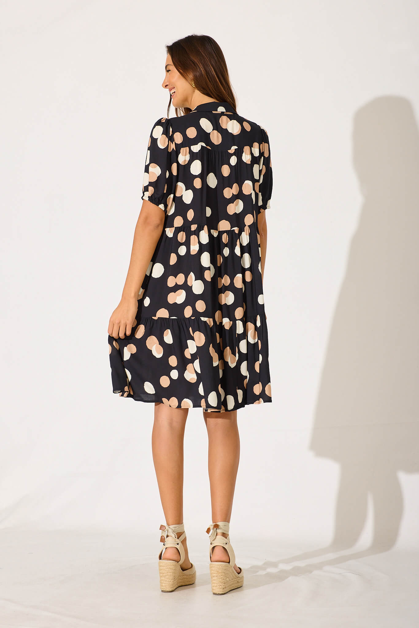 Felicia Shirt Dress In Black With Cream Spot