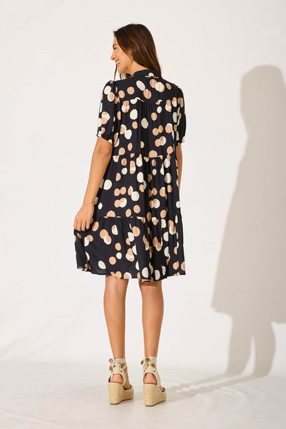 Felicia Shirt Dress In Black With Cream Spot
