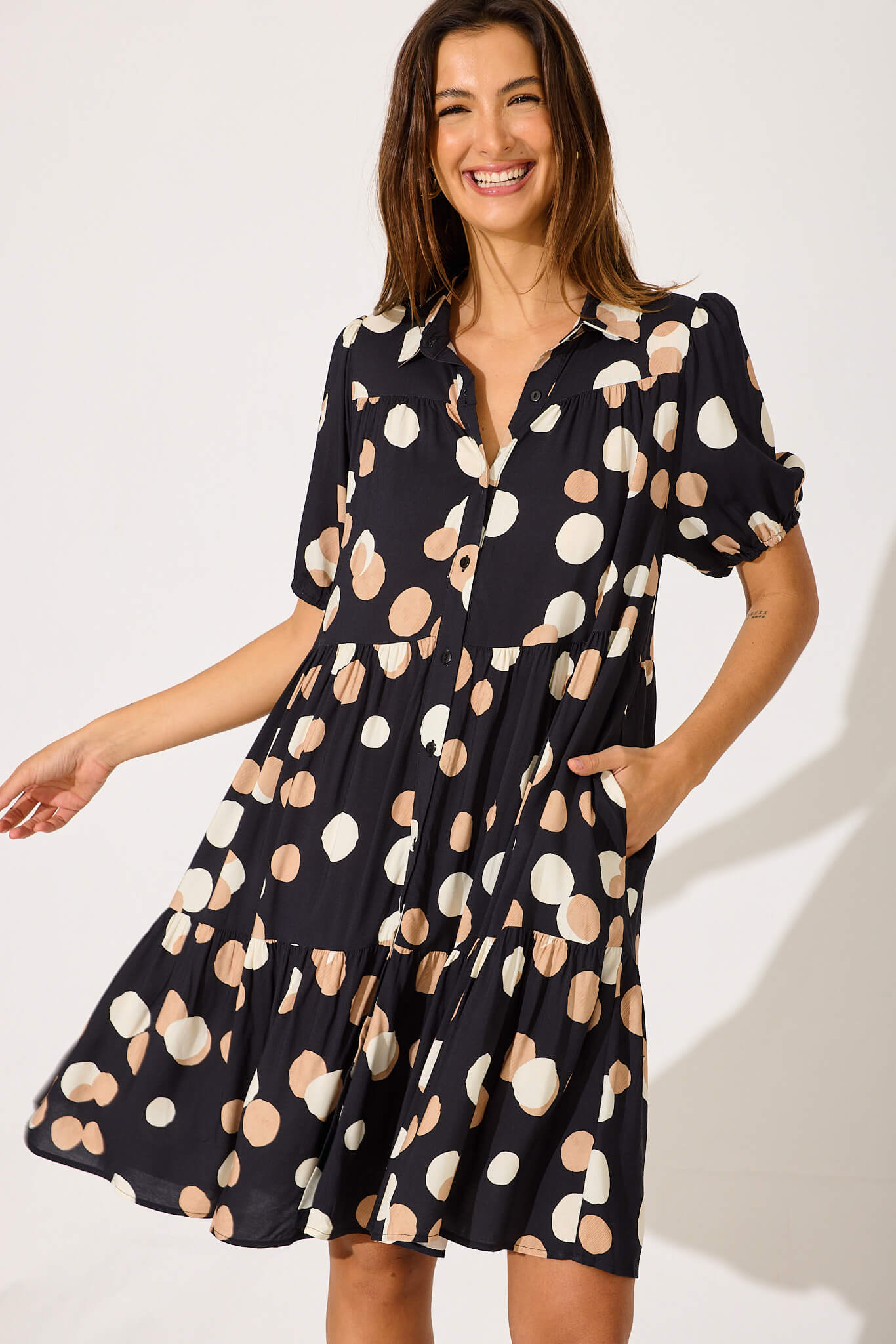 Felicia Shirt Dress In Black With Cream Spot