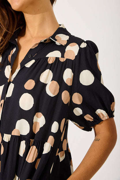 Felicia Shirt Dress In Black With Cream Spot