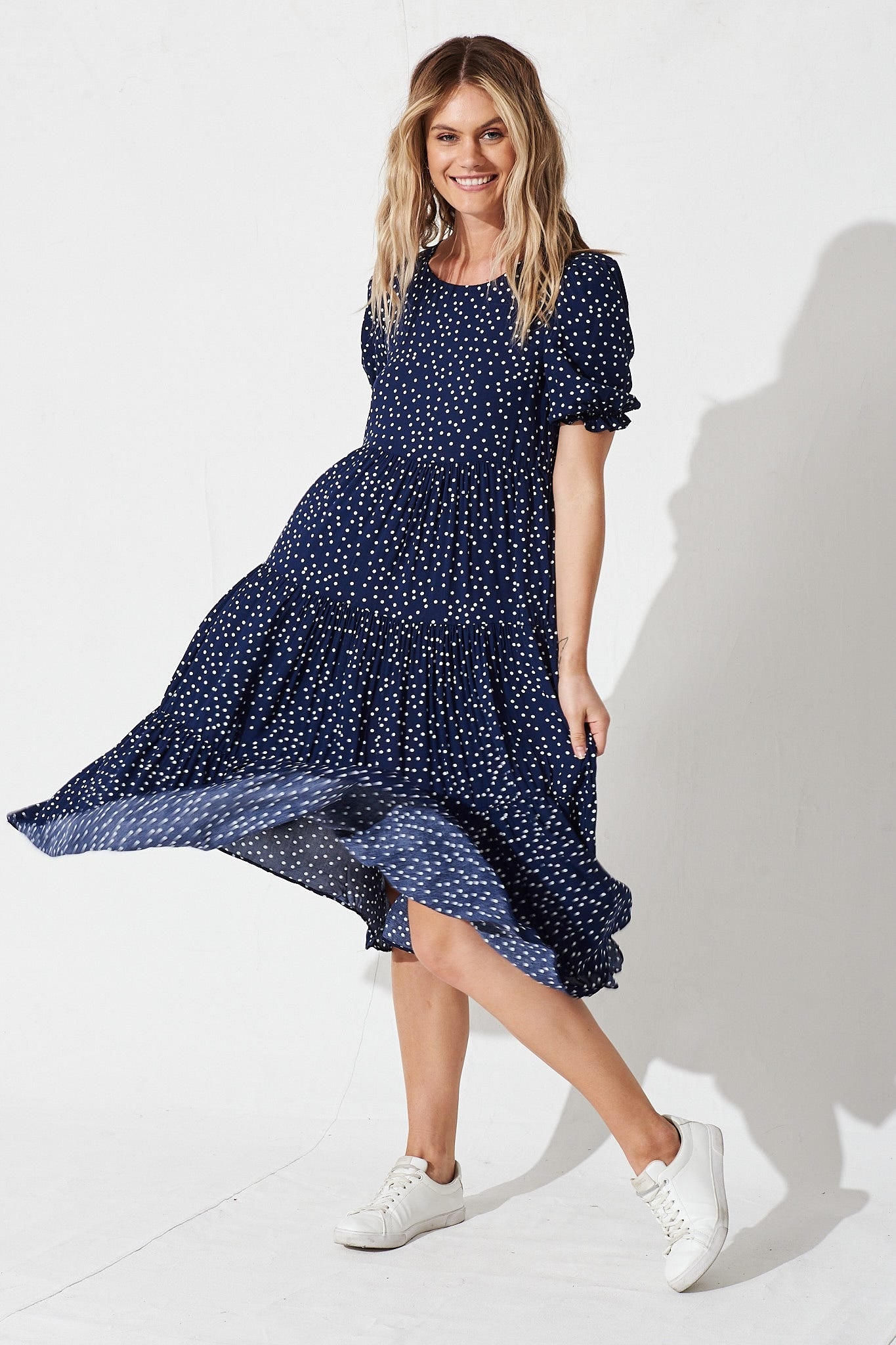 Nevi Tiered Midi Dress in Navy Spot