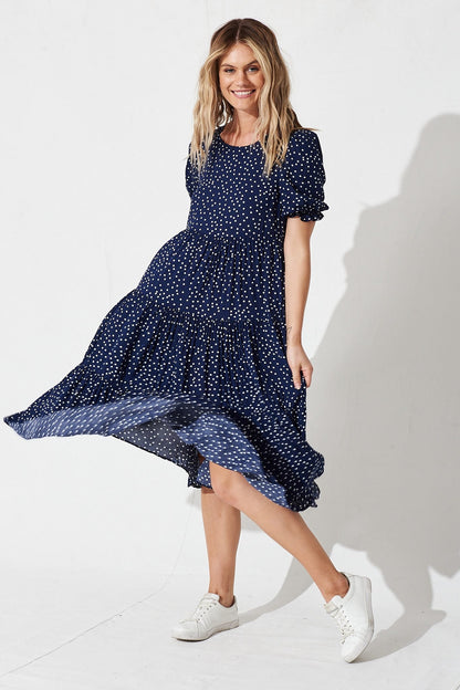 Nevi Tiered Midi Dress in Navy Spot