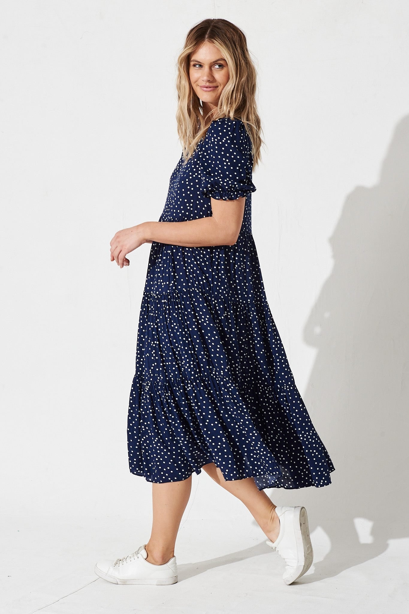 Nevi Tiered Midi Dress in Navy Spot
