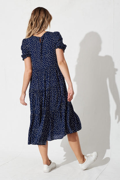 Nevi Tiered Midi Dress in Navy Spot