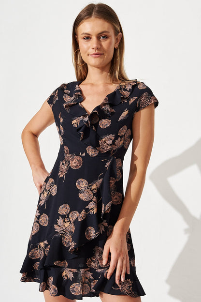 Kaylie Dress in Charcoal with Apricot Floral