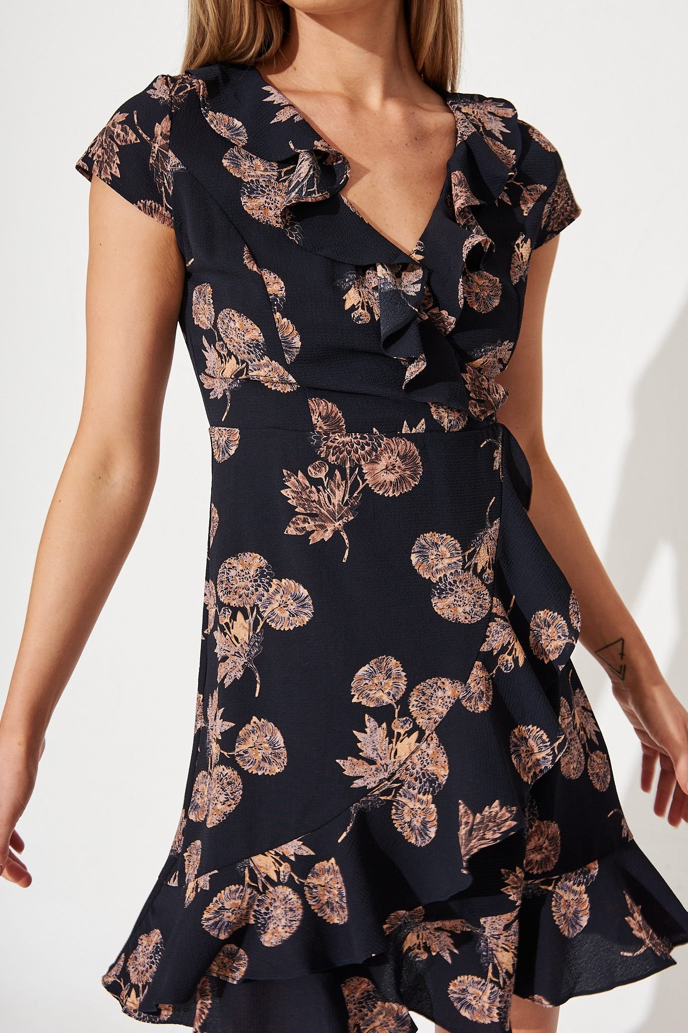 Kaylie Dress in Charcoal with Apricot Floral