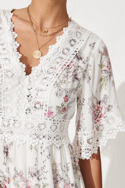 Macca Dress In White With Blush Floral