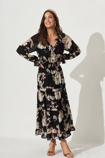 Candise Maxi Dress In Black Floral Chiffon