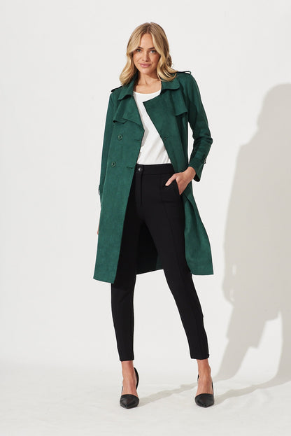 Mirage Trench Coat In Dark Green Suedette