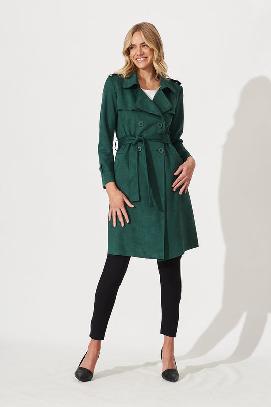 Mirage Trench Coat In Dark Green Suedette
