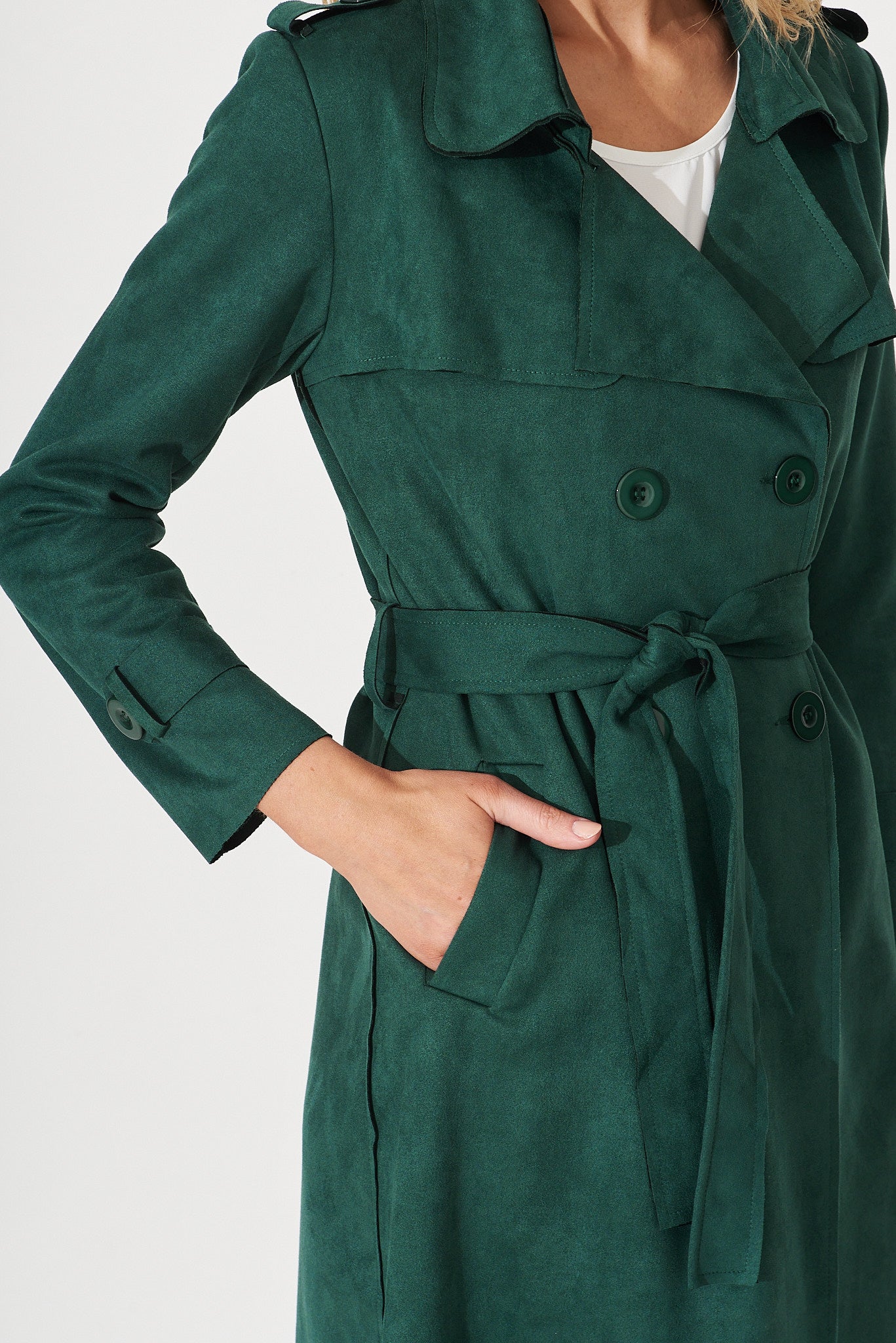 Mirage Trench Coat In Dark Green Suedette