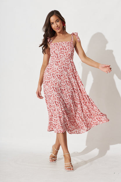 Yelina Midi Dress In White With Red Floral