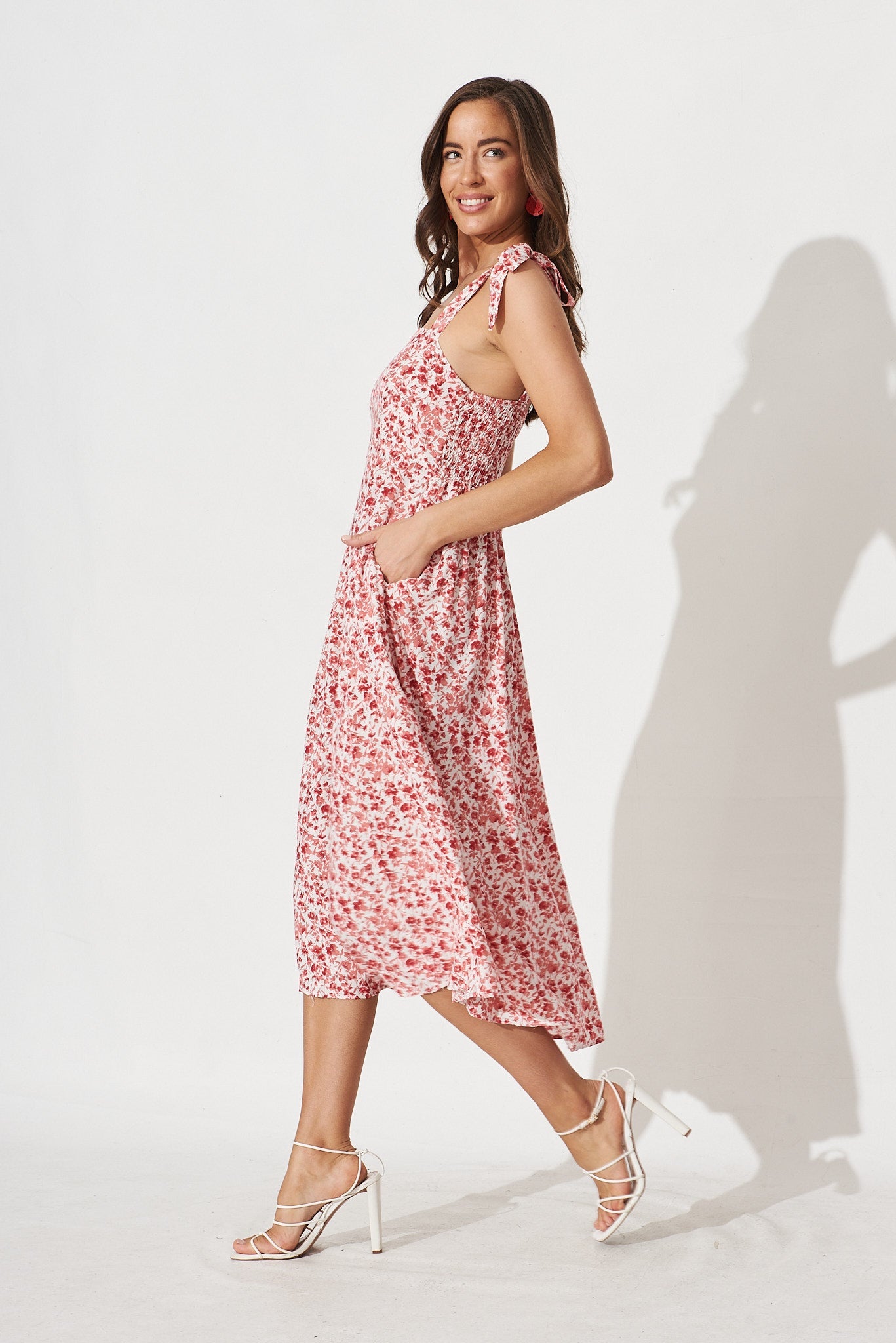 Yelina Midi Dress In White With Red Floral