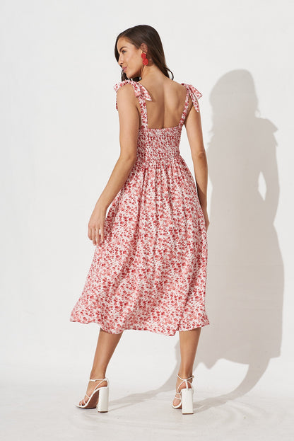Yelina Midi Dress In White With Red Floral