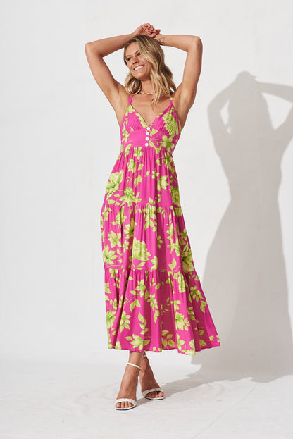 Delanie Maxi Dress In Pink With Green Floral