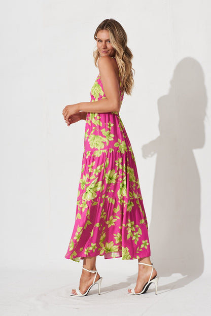 Delanie Maxi Dress In Pink With Green Floral