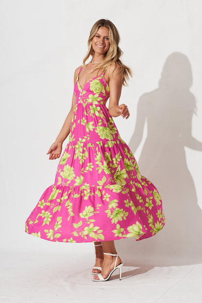 Delanie Maxi Dress In Pink With Green Floral