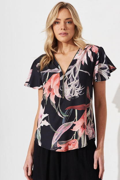 Viviana Zip Top In Black With Pink Tigerlily Floral