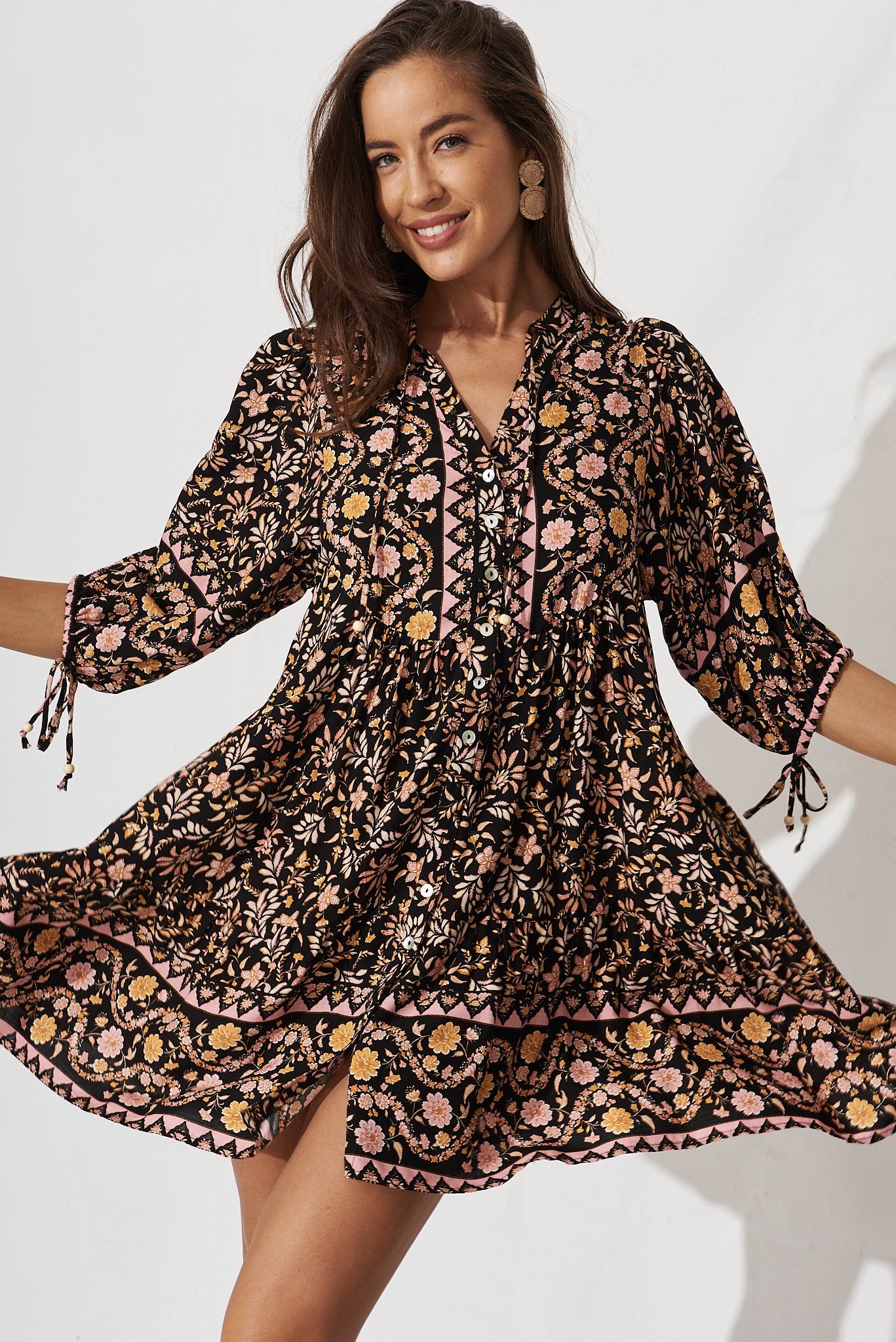 Emelyn Smock Dress In Black With Blush Multi Boho Floral