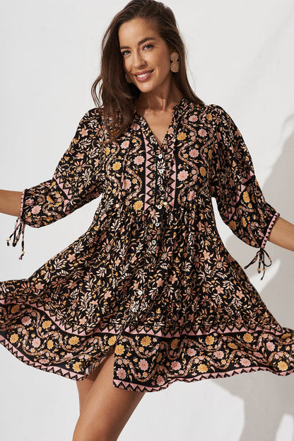 Emelyn Smock Dress In Black With Blush Multi Boho Floral
